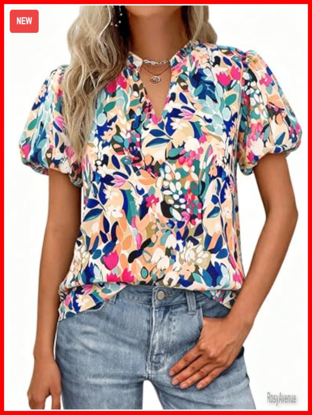 Boho Floral Chiffon Short Sleeve Blouse Women Dressy Casual V-Neck Puff Sleeve